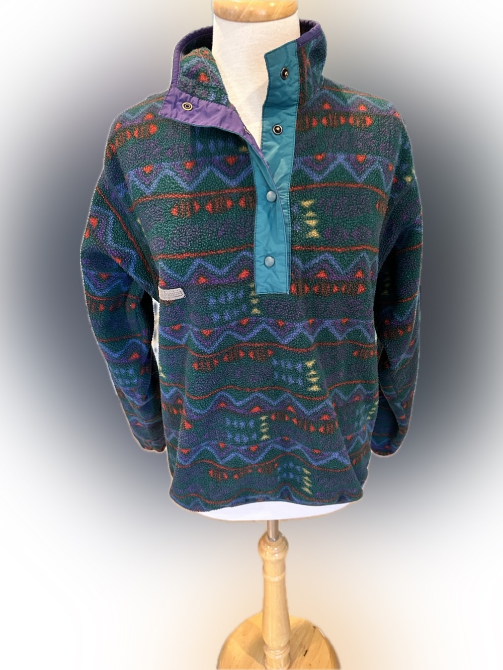 Columbia Woman’s Teal & Purple Geometric Fleece Quarter Snap Fleece